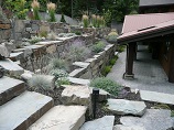 Landscape lighting for stone steps with rock retaining walls in the background